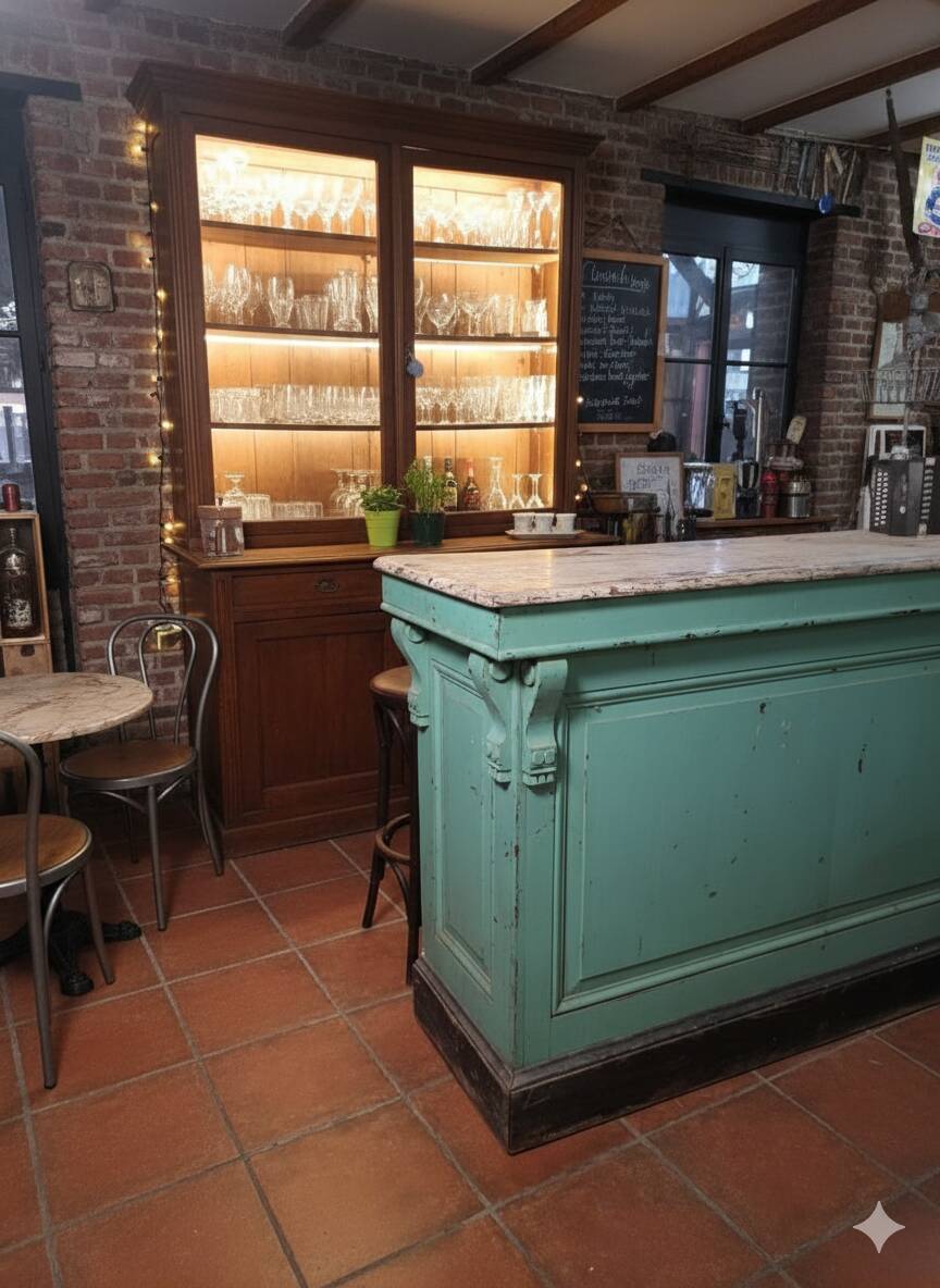 Antique counter in pitch pine with original patina.