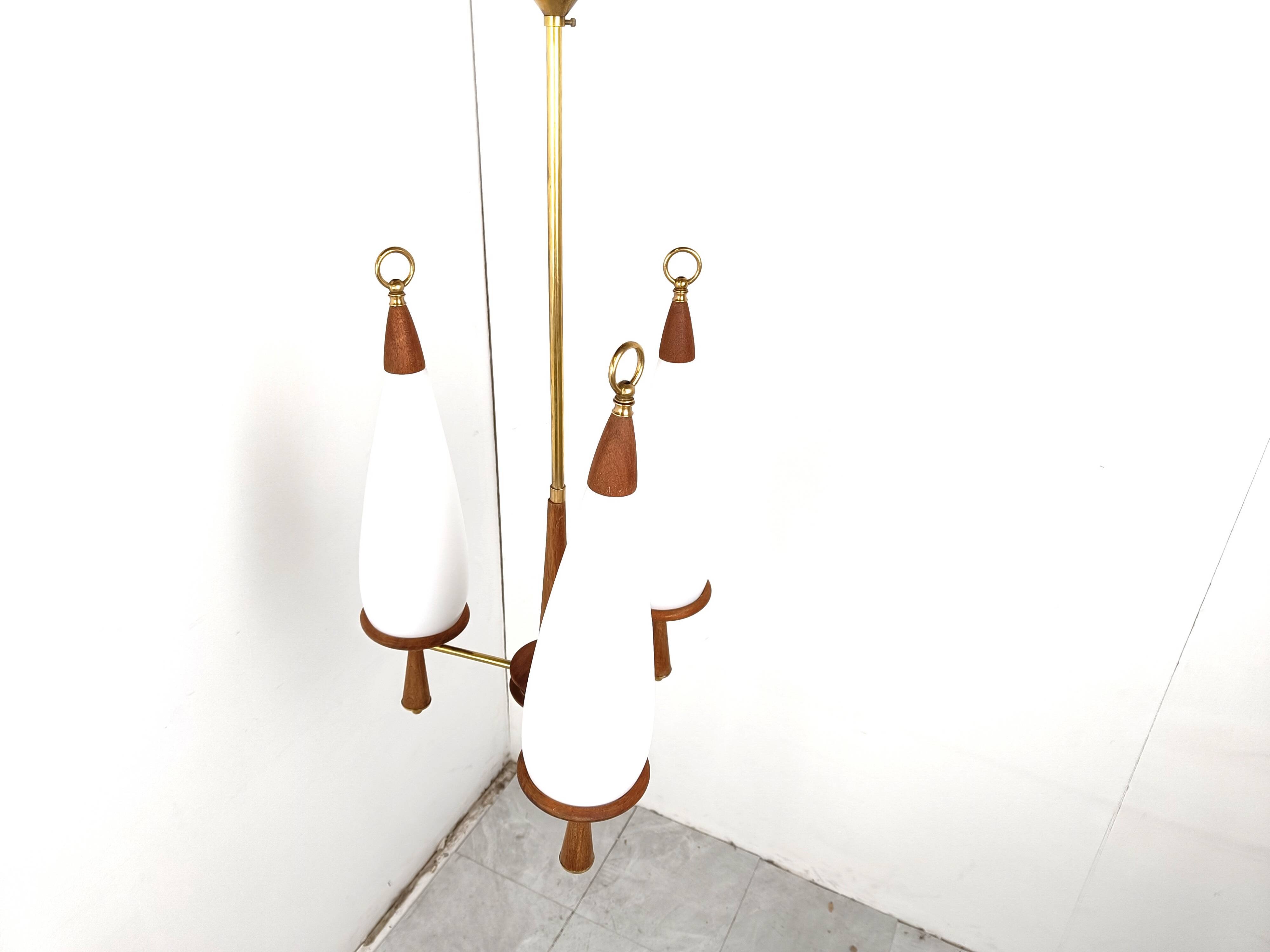 Vintage teak chandelier with white glass shades, 1960s