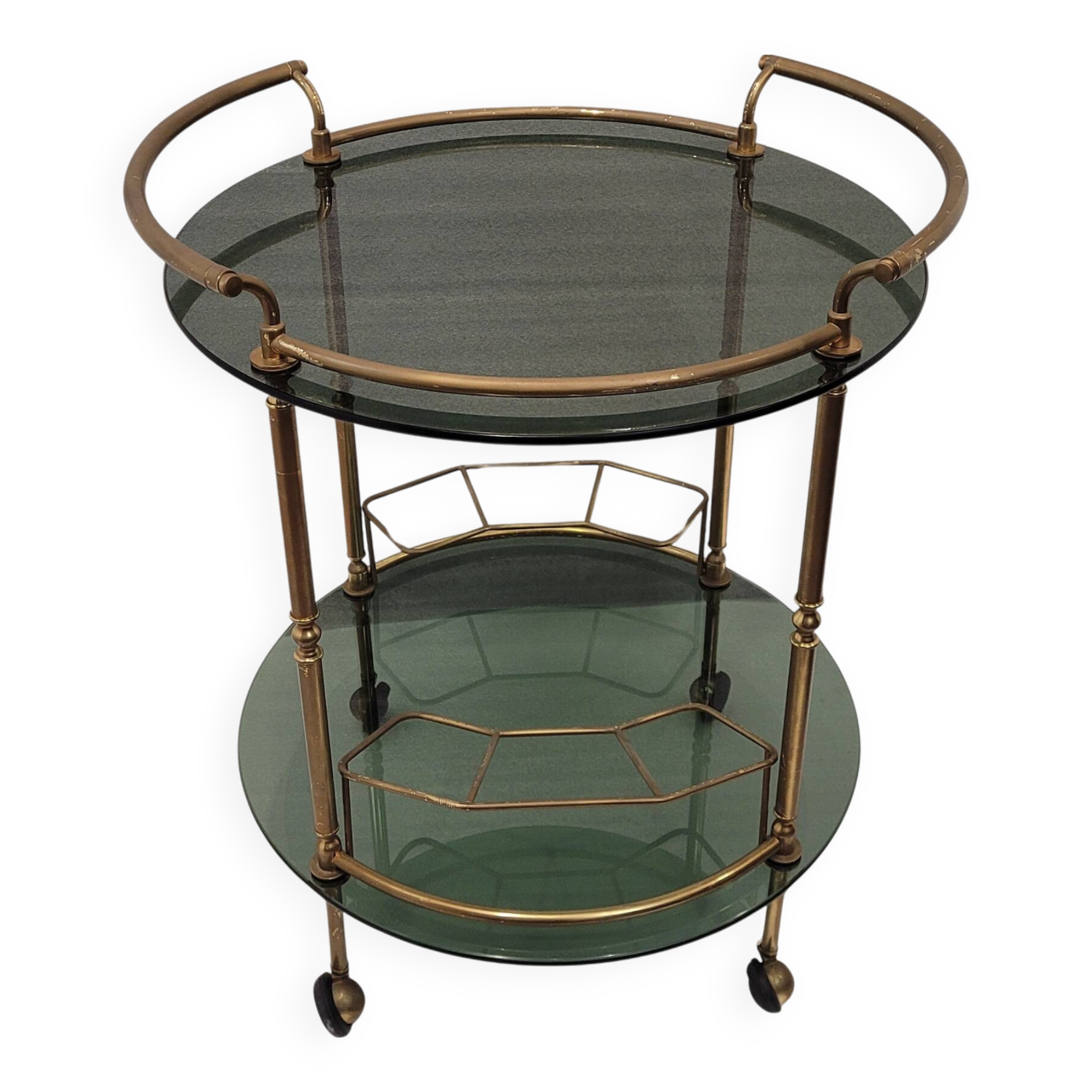 Auxiliary table / Barcart / Camarera Mid-century, Latón golden and crystal ahumado, 70's – Italia