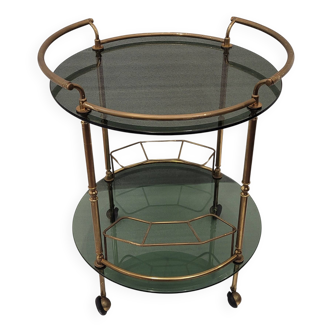 Table d'appoint / barcart / serveuse milieu de siècle, laiton doré et verre fumé, années 70 - Italie.