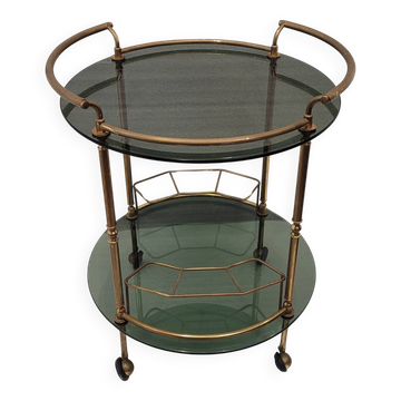 Auxiliary table / Barcart / Camarera Mid-century, Latón golden and crystal ahumado, 70's – Italia