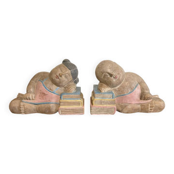 Old Pair of Asian Bookends Exotic Wood Asia Buddha