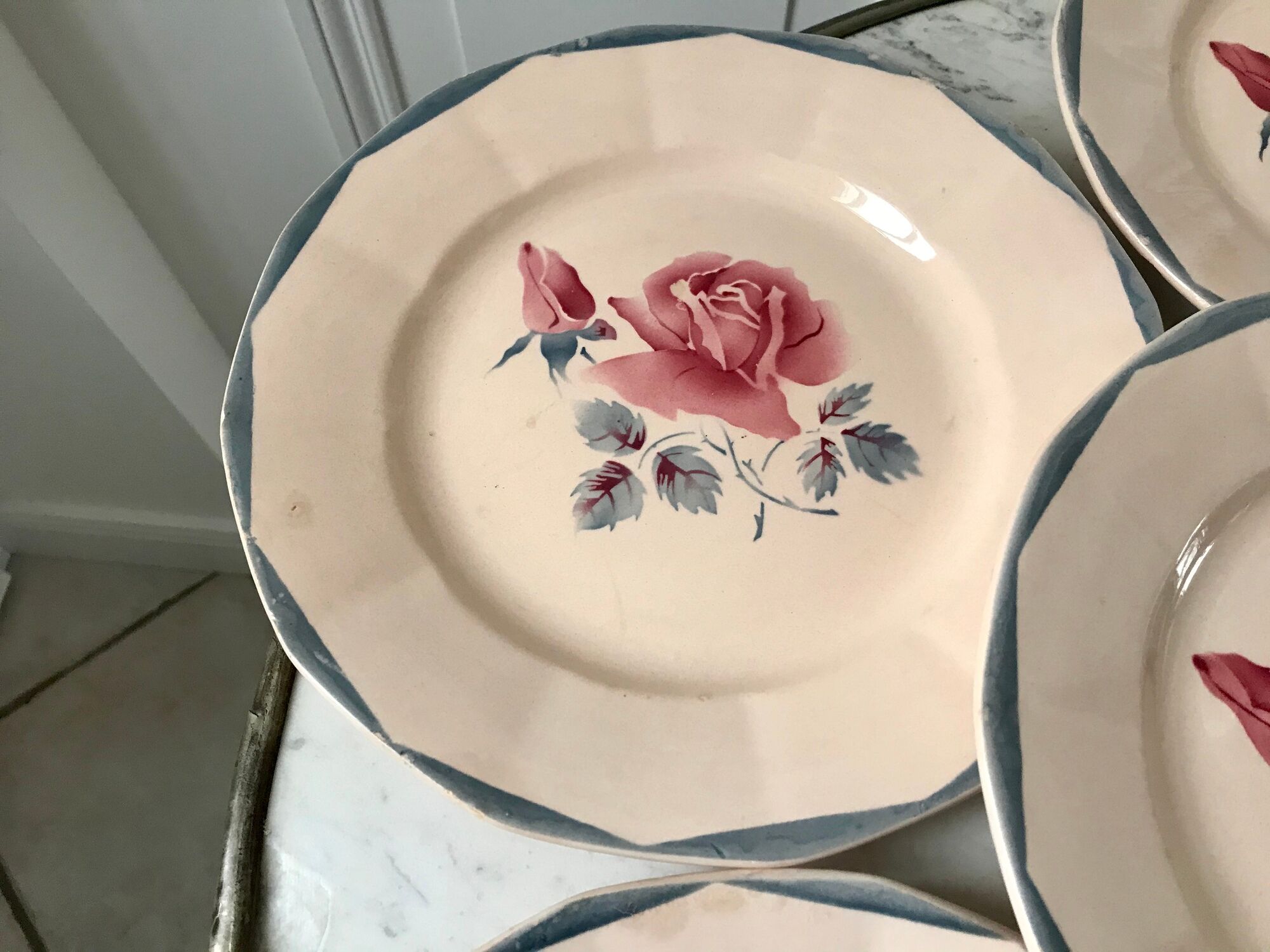 Set of 6 flat plates digoin sarreguemines pink and blue flowers 40s