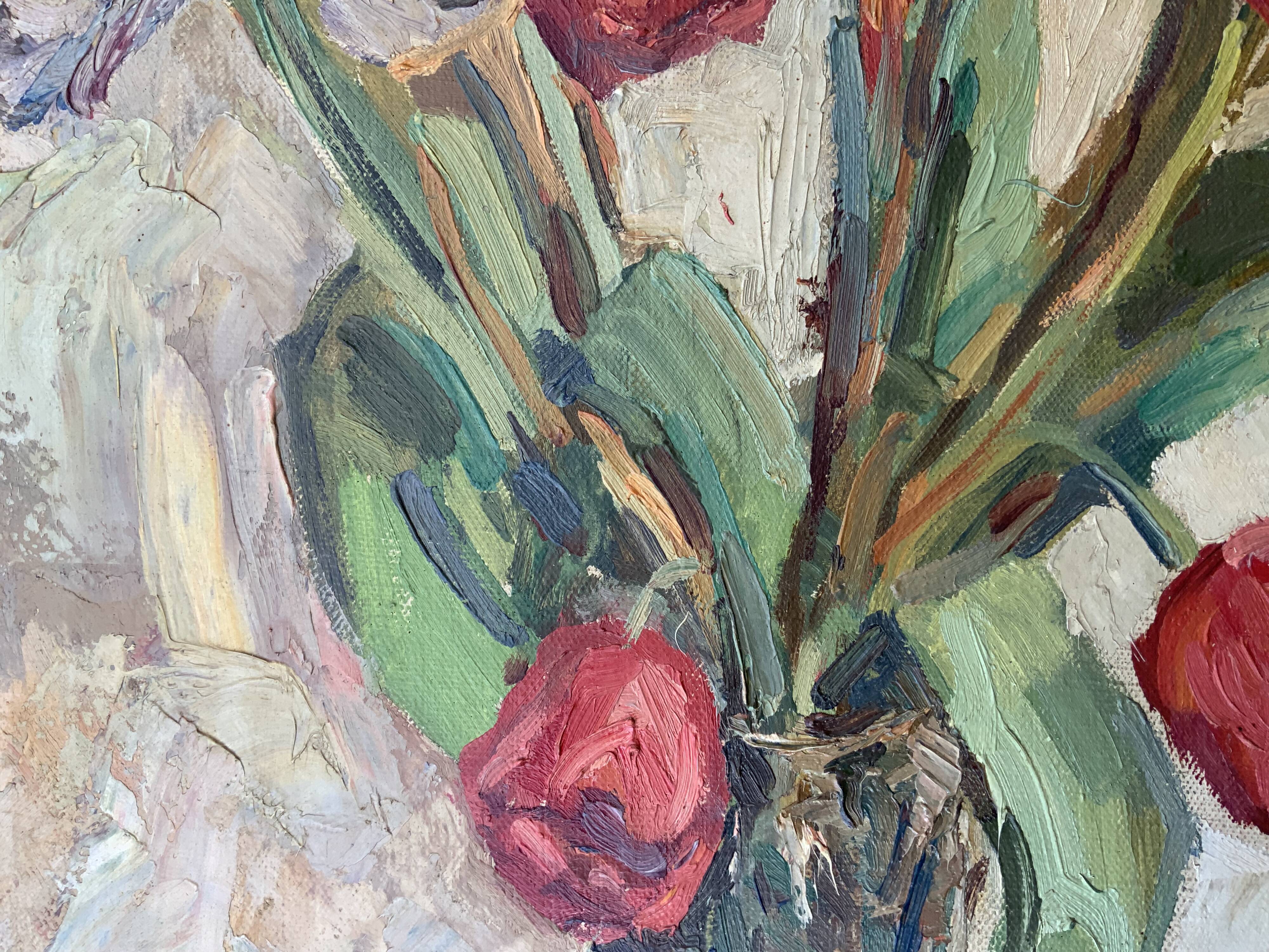Vintage Still life with Tulips and apple, Oil Painting signed by M. Jonsson