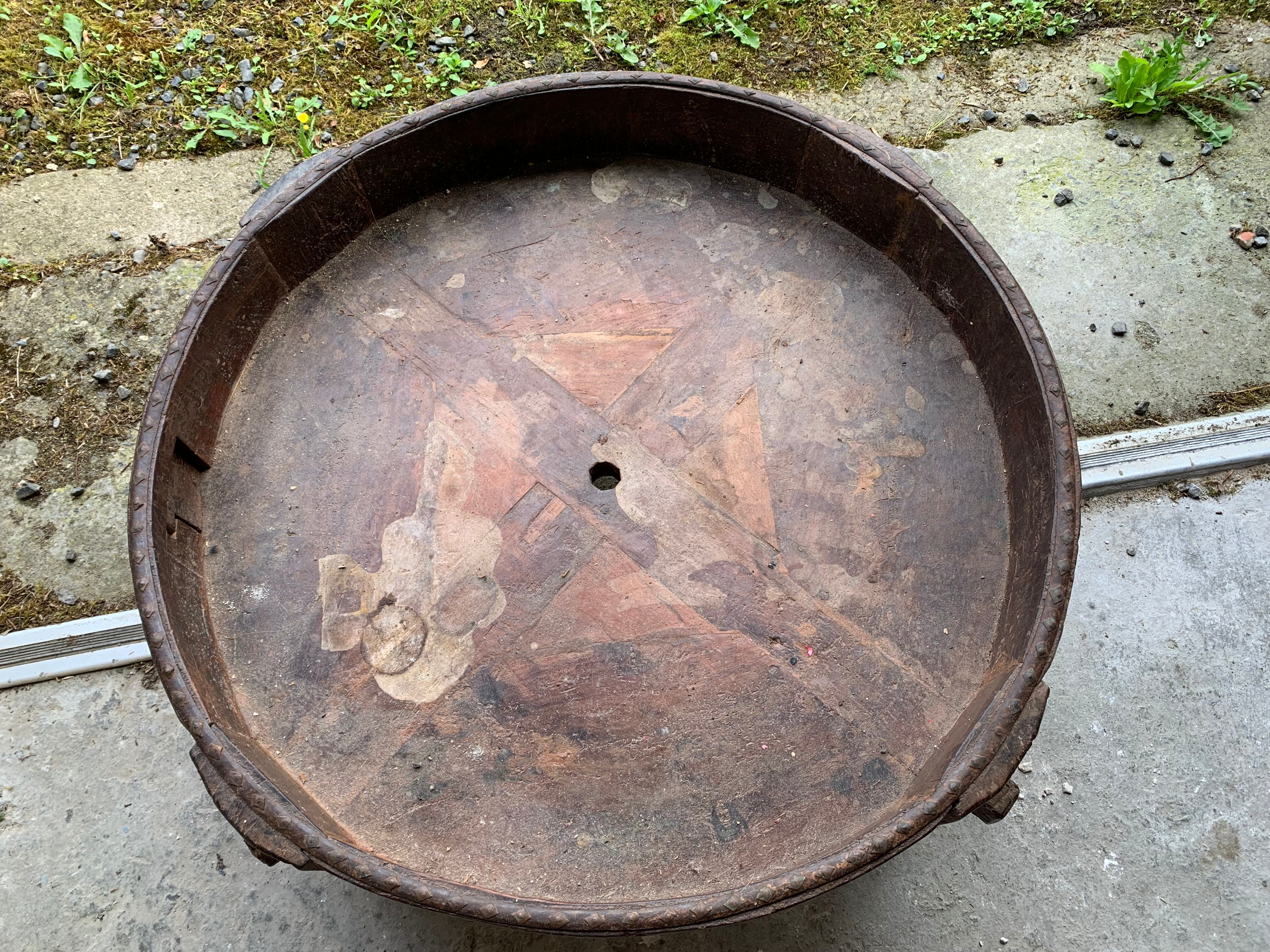 Old Indian grain millstone CHAKKI carved wood