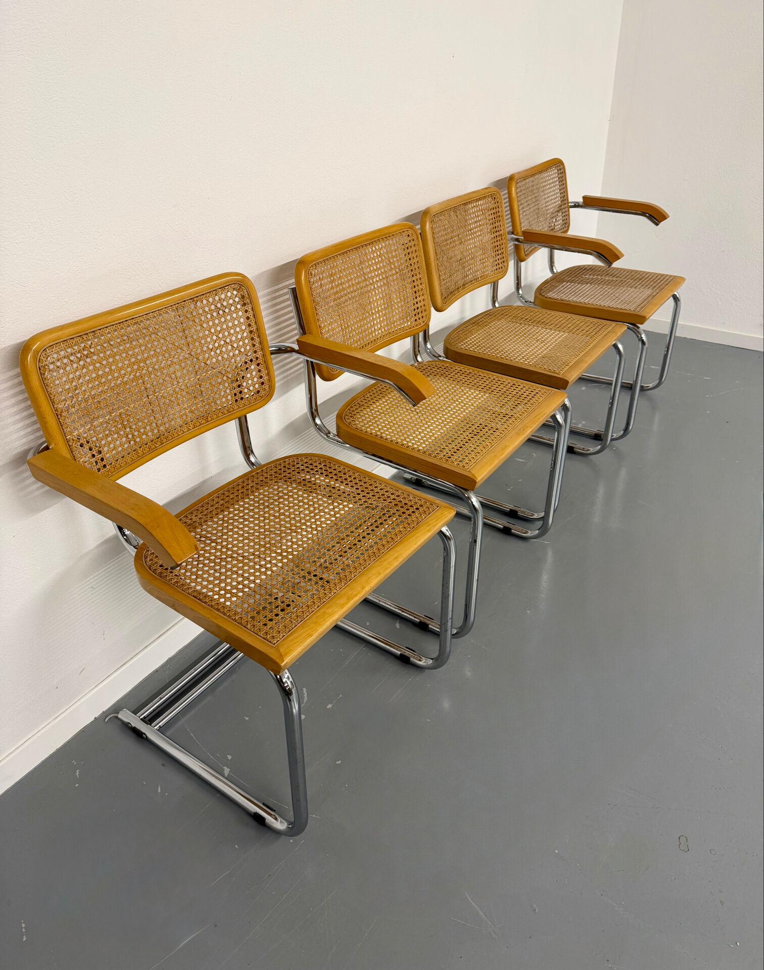 Set of 4 cane cantilever chairs and armchairs, Cesca, 1970s.
