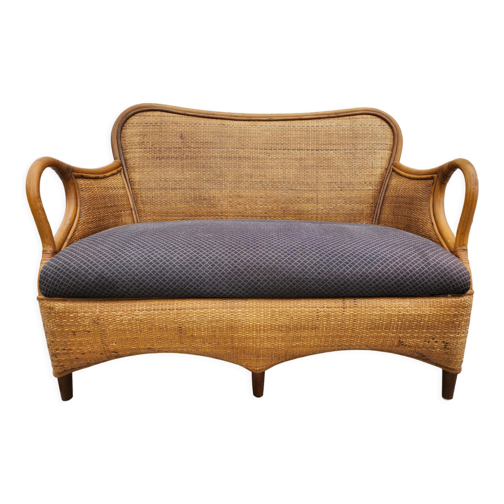 Vintage bench 2 places in rattan and woven rice straw.