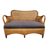 Vintage bench 2 places in rattan and woven rice straw.