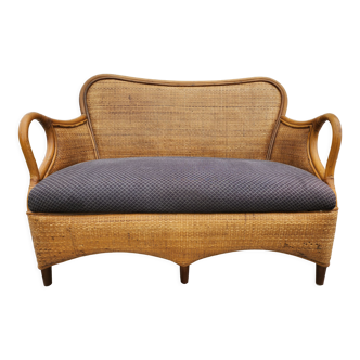Vintage bench 2 places in rattan and woven rice straw.