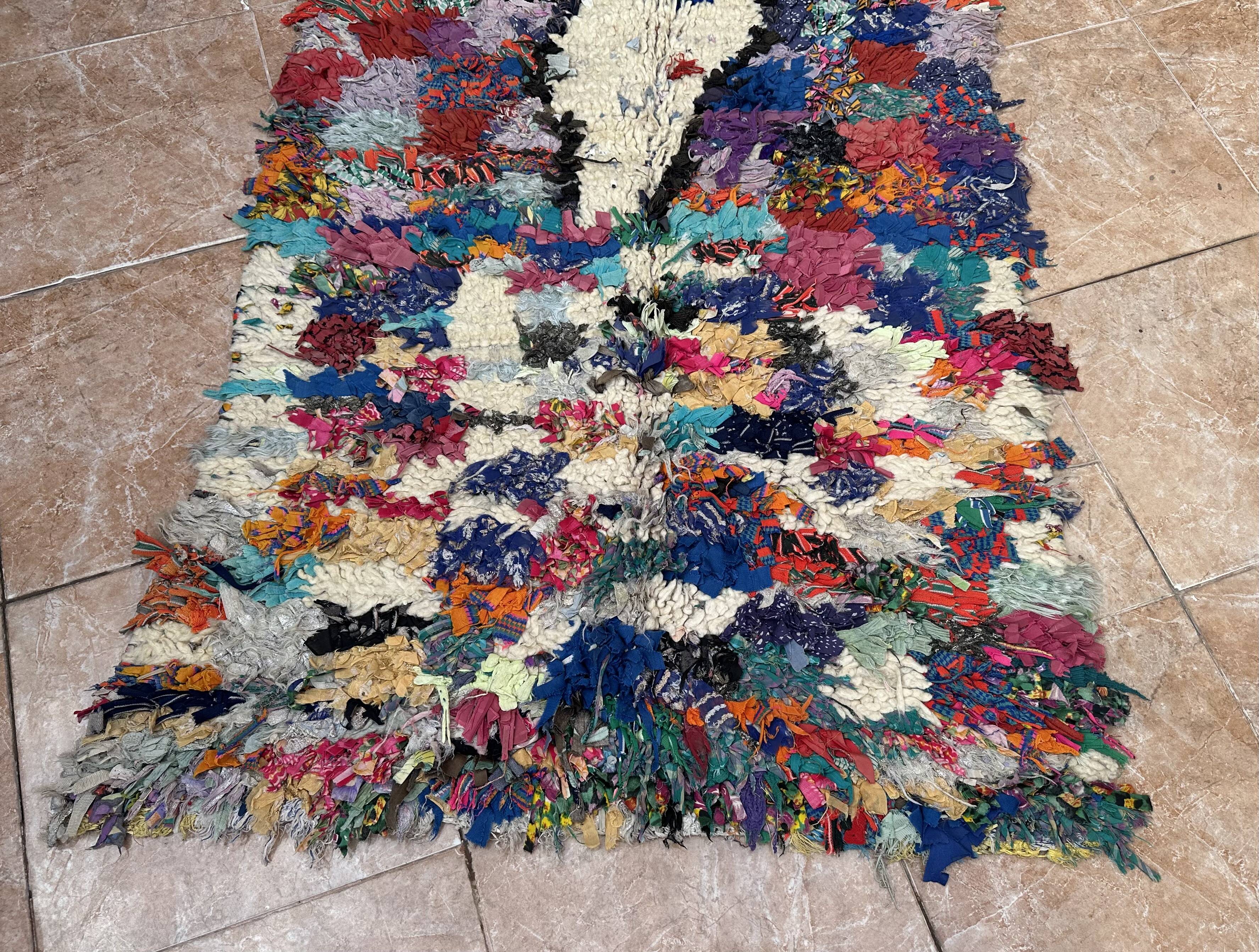 Vintage Moroccan Boucherouite rug: small abstract rug