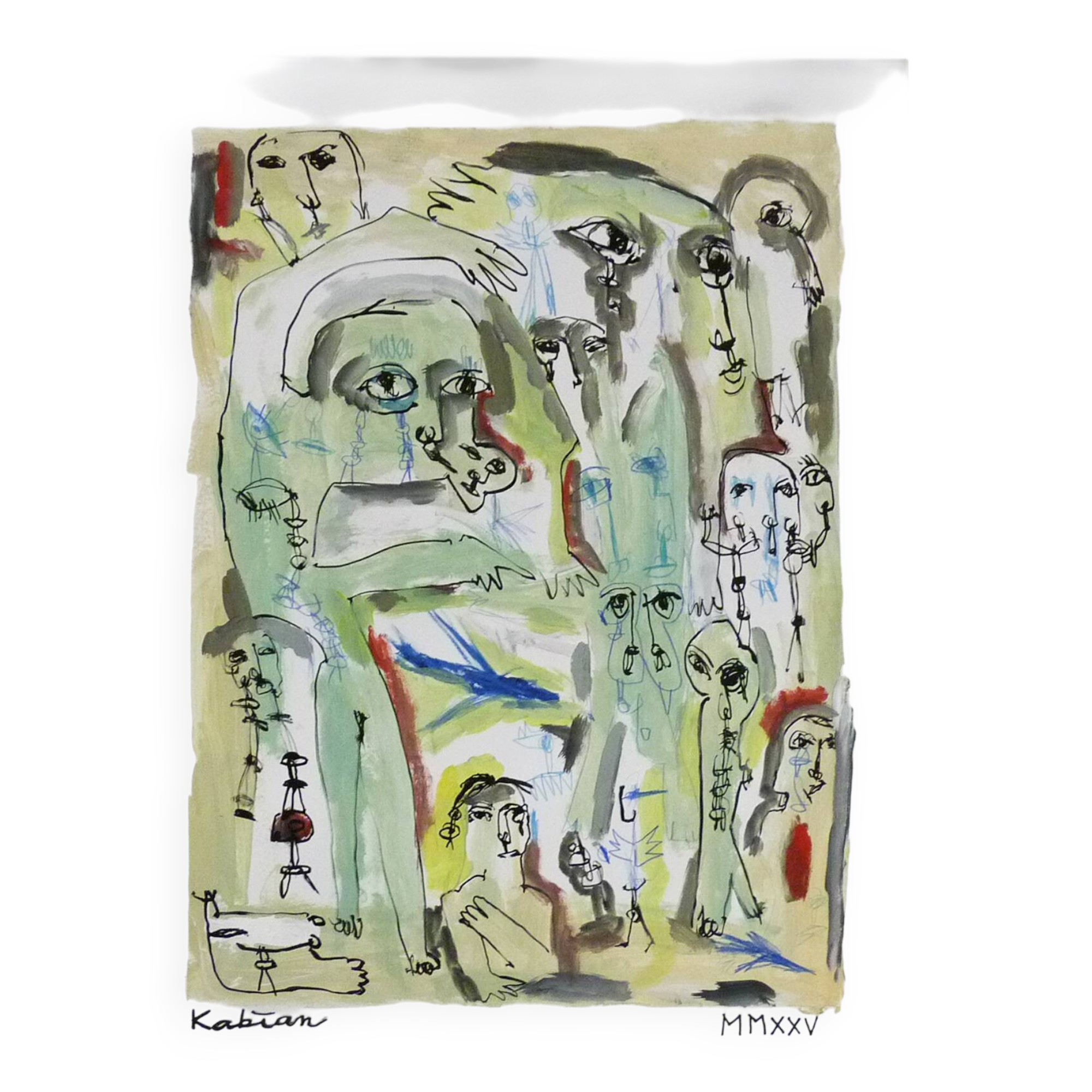 Mixed technique Art brut/Figurative art/Unique art signed Kabian 65X50 cm