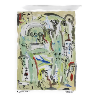 Mixed technique Art brut/Figurative art/Unique art signed Kabian 65X50 cm