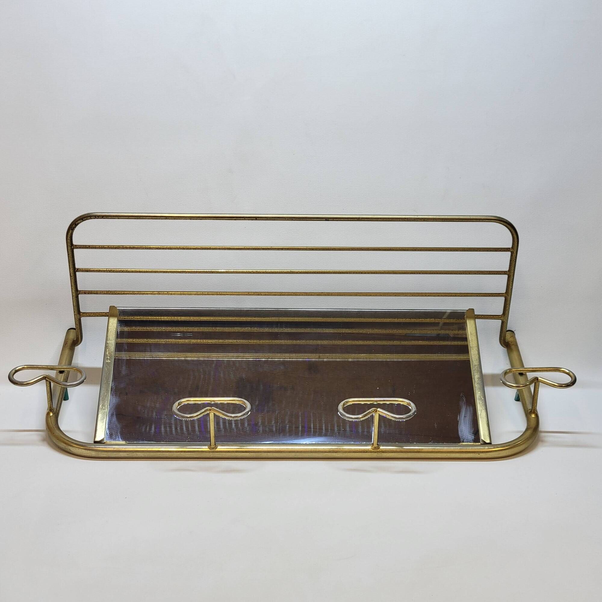 Coat rack with 4 hooks with shelf and vintage mirror in golden metal