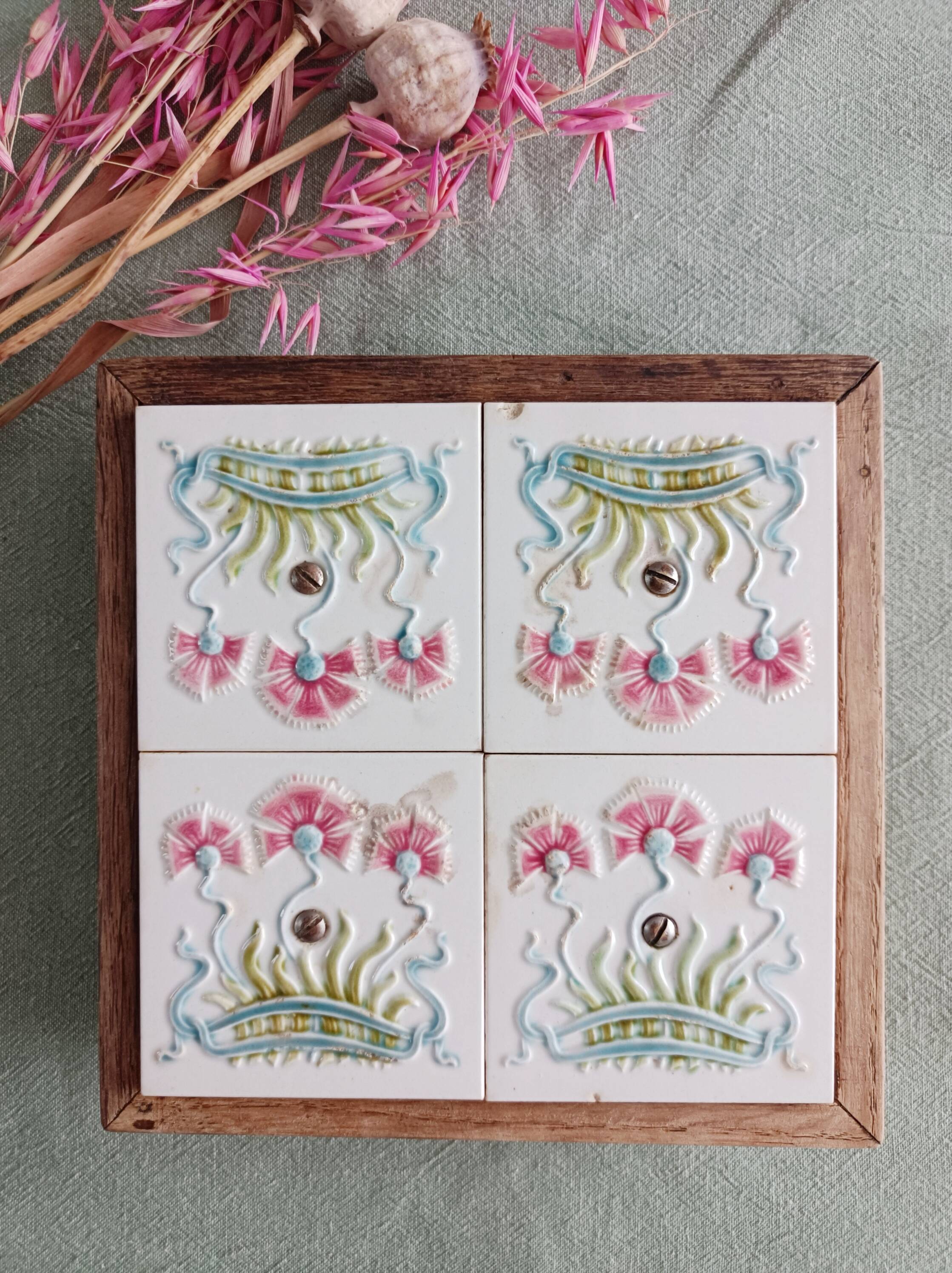 Antique earthenware and wood trivet