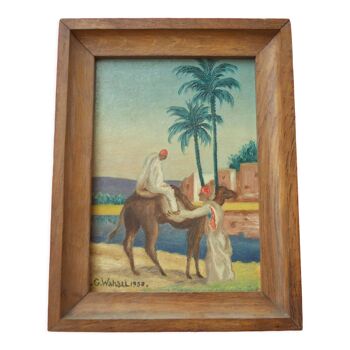 Oil painting orientalist 1950, gaston waharl, on cardboard, bedouin camels oasis palm trees