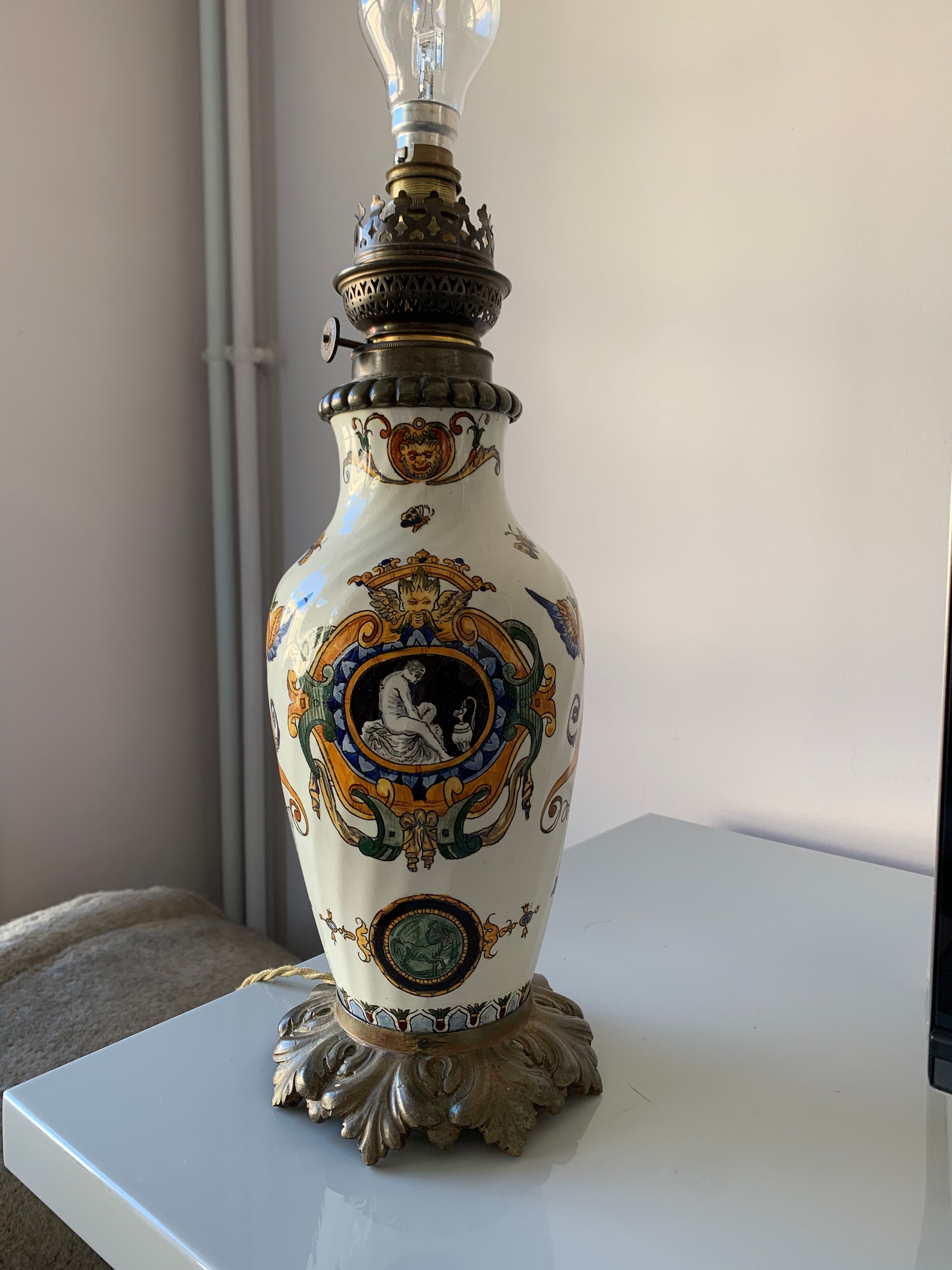 Old faience lamp foot of Gien Renaissance decoration 1876