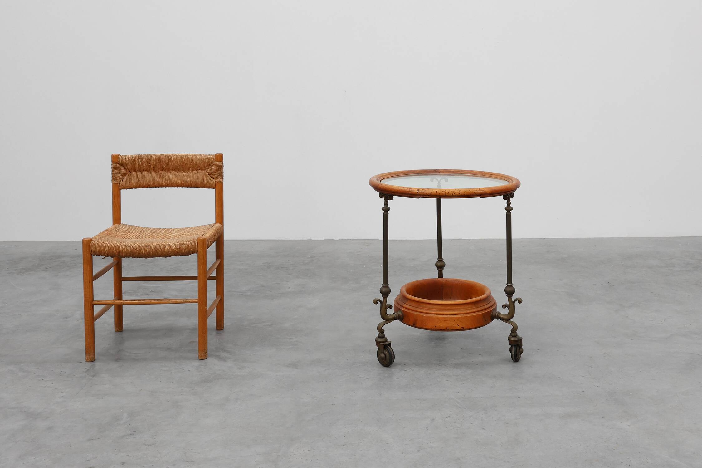 Rustic Copper and Walnut Serving Trolley with Glass Top, France ca. 1900