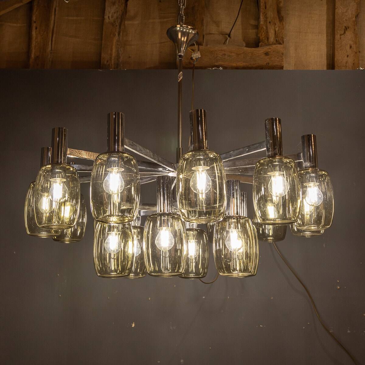 20thC ITALIAN CHROME & SMOKED GLASS EIGHTEEN LIGHT CHANDELIER c.1970