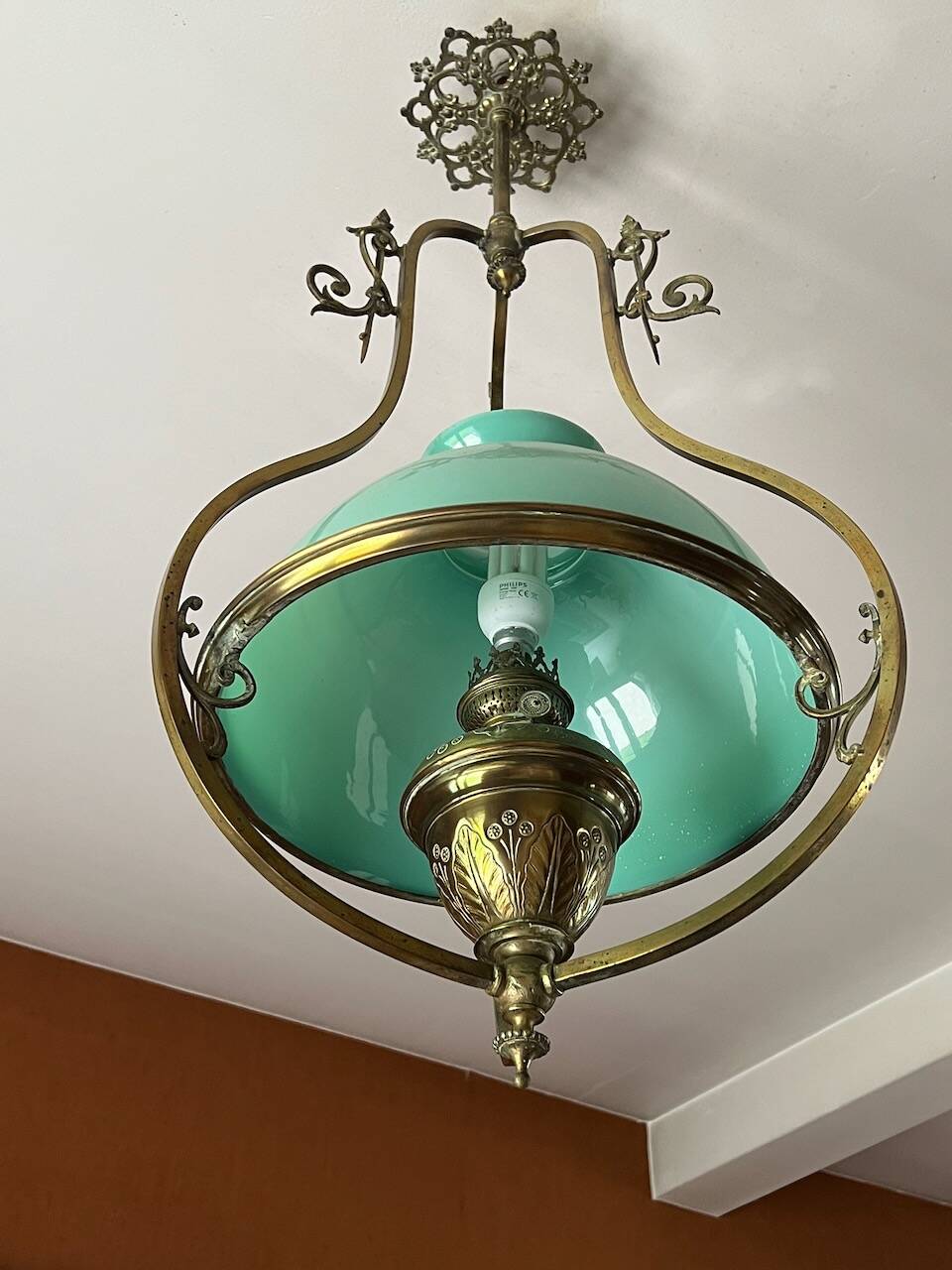 Lustre Suspension Art Nouveau - Green Opaline and Brass - Belle Époque Style