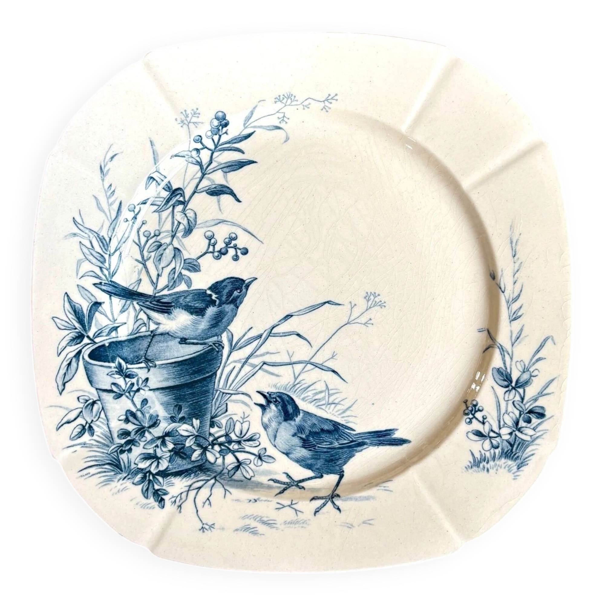 Blue ironstone plate from Gien, "Birds" service, circa 1870, no. 6.