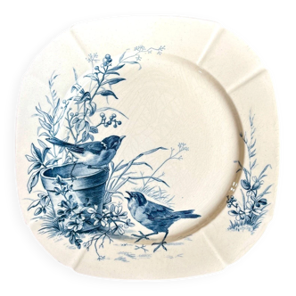 Blue ironstone plate from Gien, "Birds" service, circa 1870, no. 6.