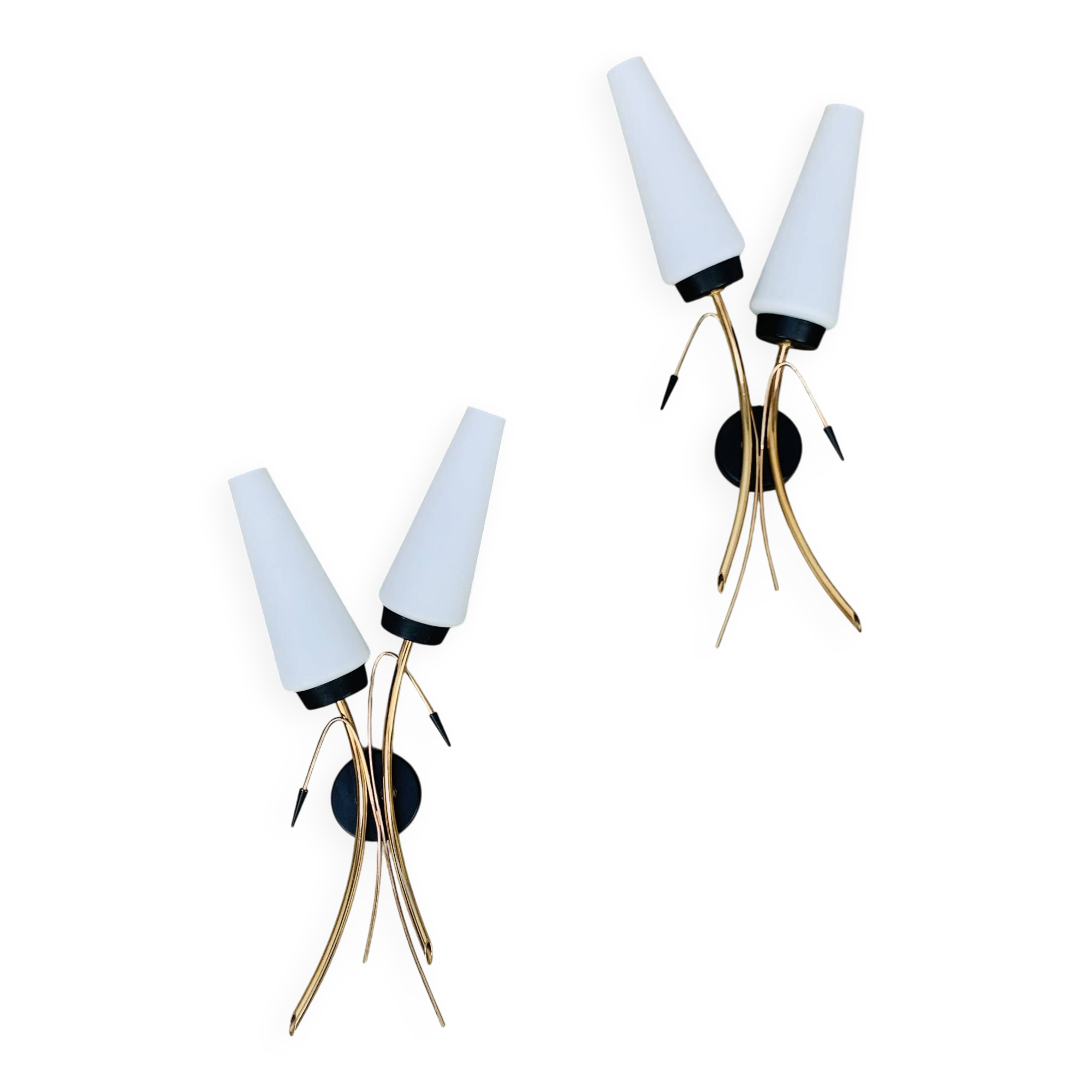 Pair of 1950s wall lights, opaline and brass tulips, Lunel Arlus