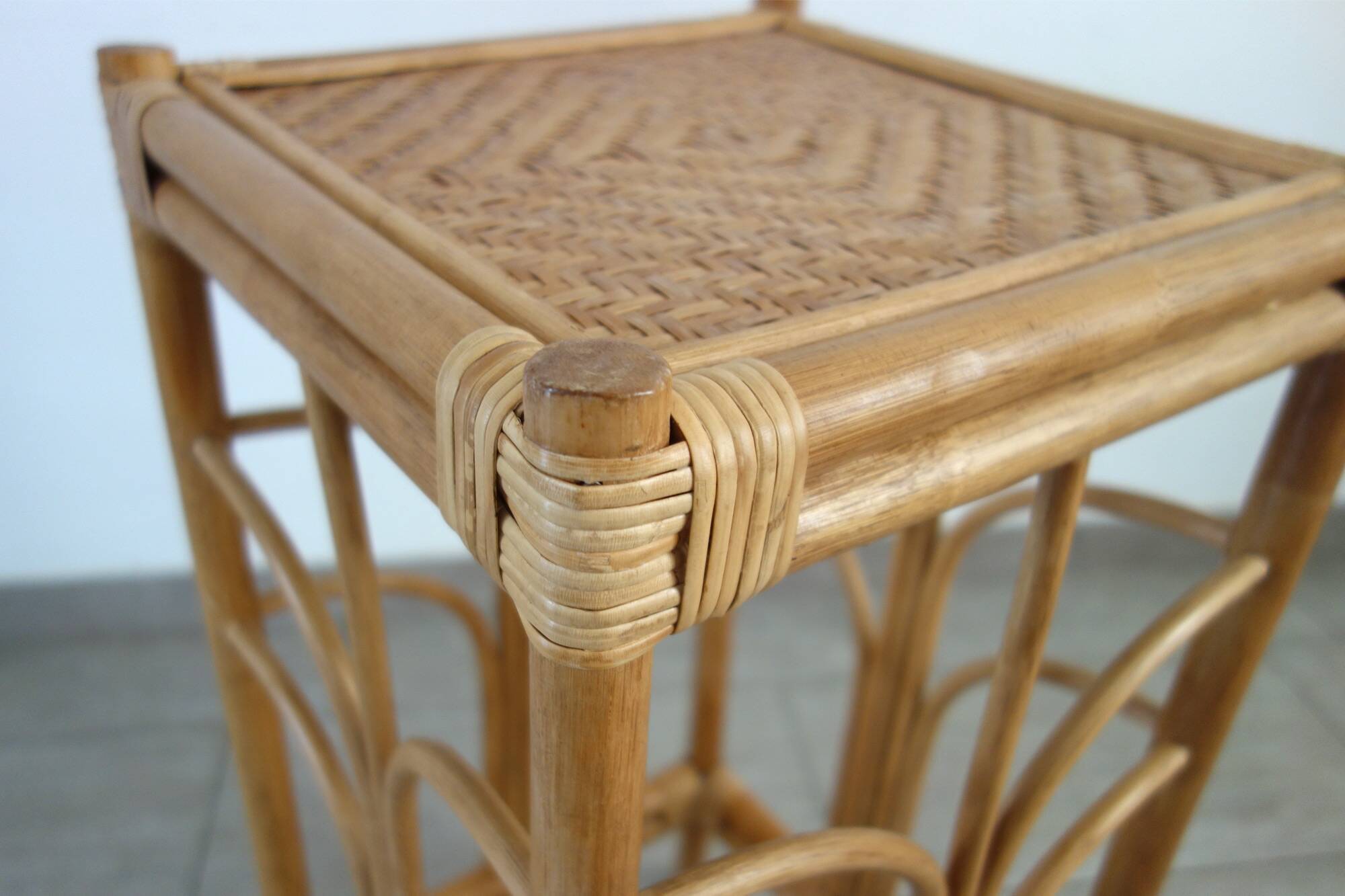 Vintage bamboo and woven rattan side table.