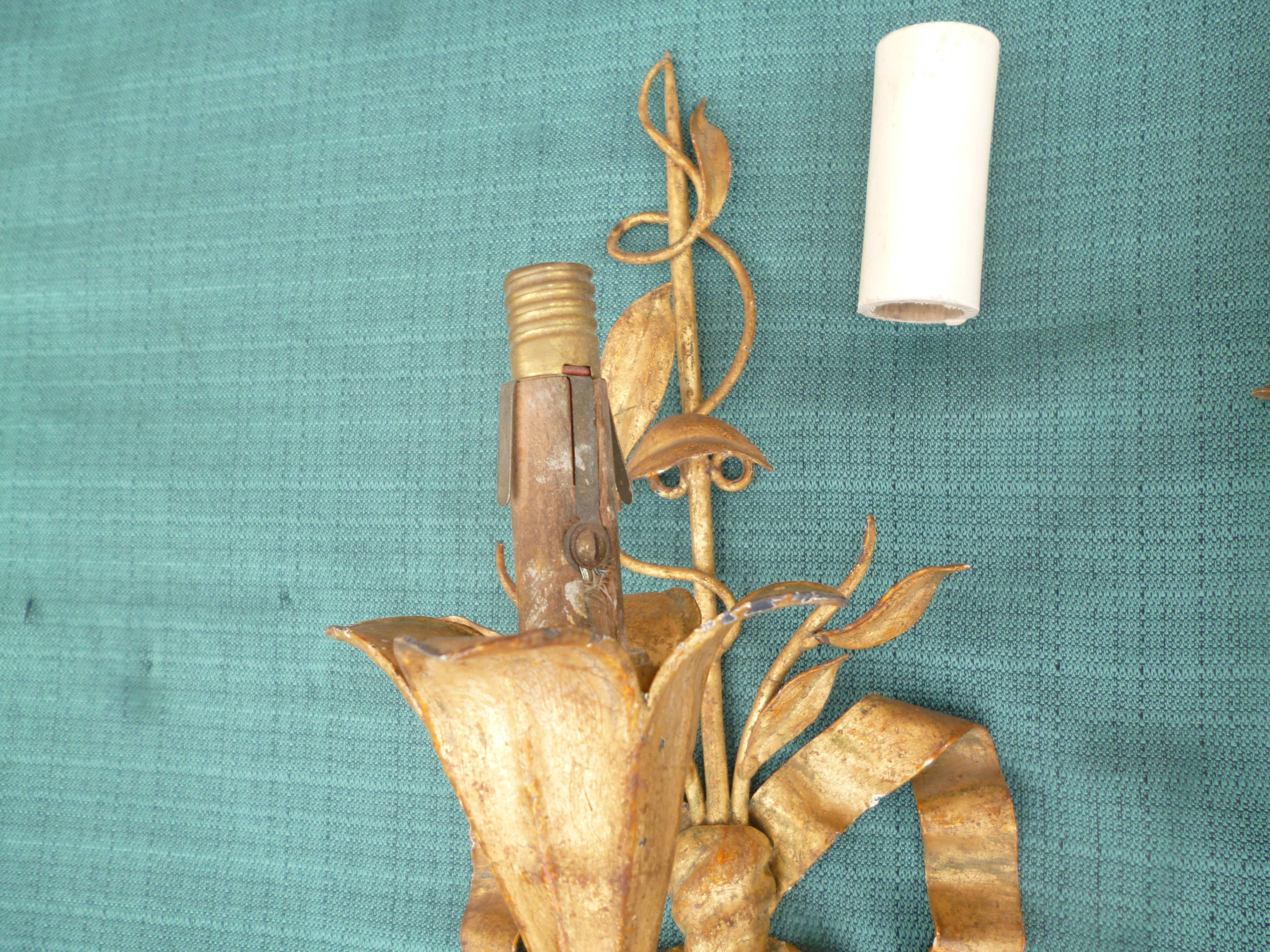 Pair of wall lamps gold patinated vintage metal