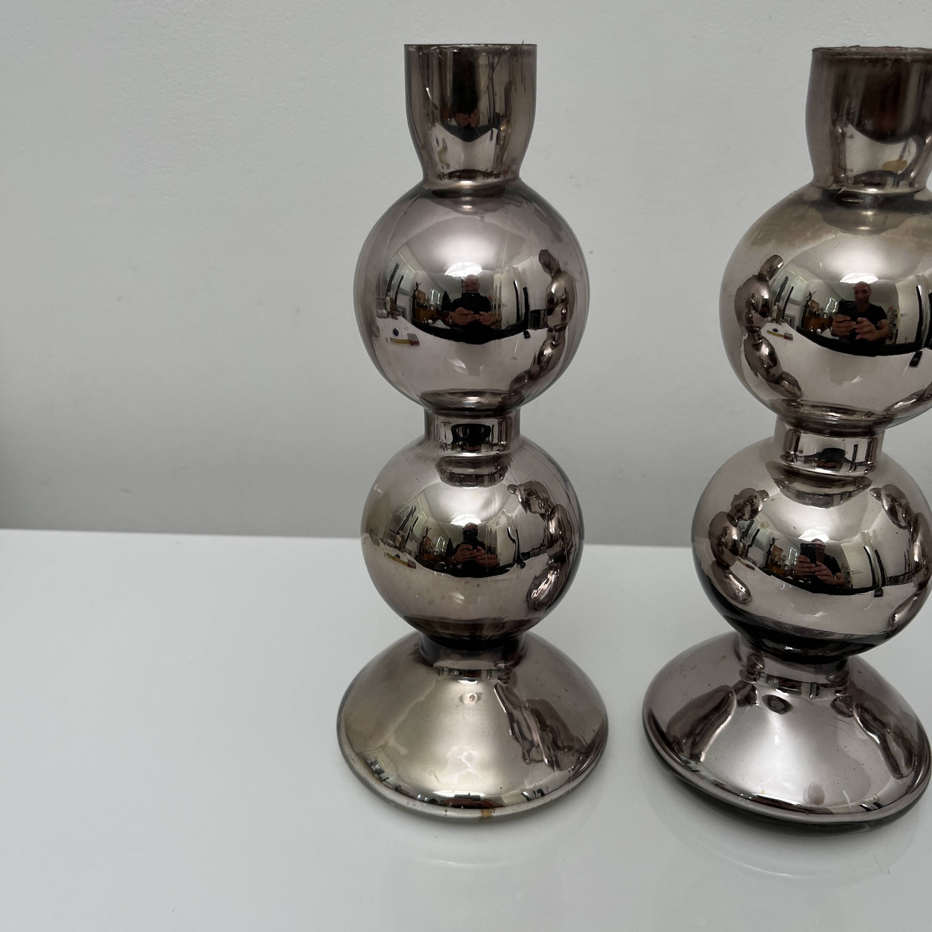 Set of 3 candlesticks in 20th century eglomise glass, vintage space age retro