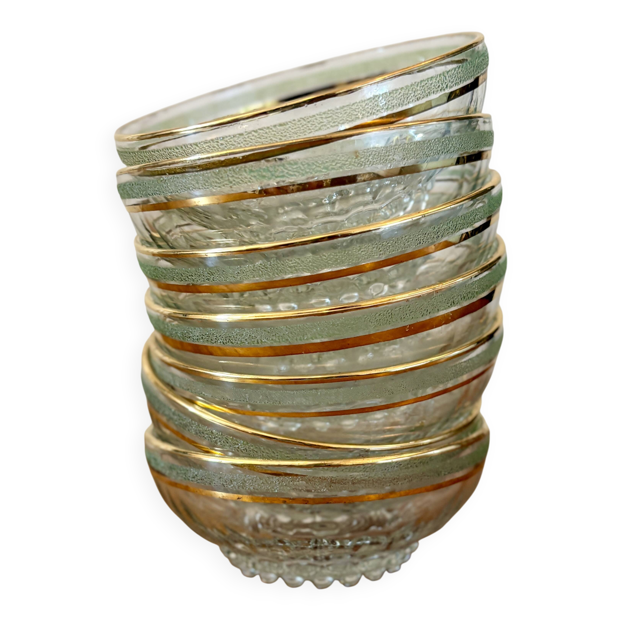Lot de 7 coupes en verre granité vert et or vintage