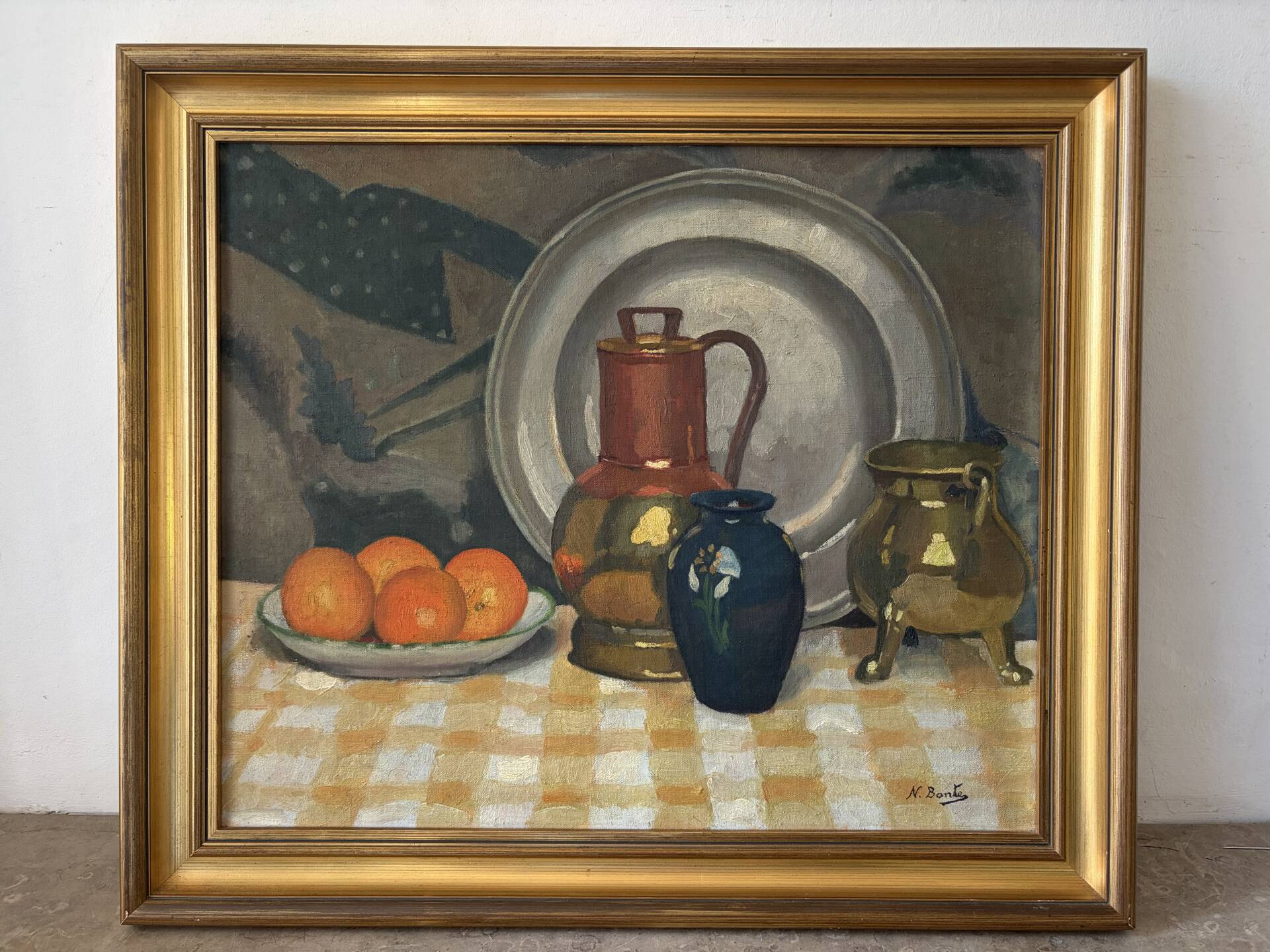 Still life on checked tablecloth, oil on canvas signed N Bonté.