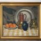 Still life on checked tablecloth, oil on canvas signed N Bonté.