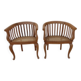 2 Colonial armchairs in natural solid wood with cane seats