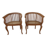 2 Colonial armchairs in natural solid wood with cane seats