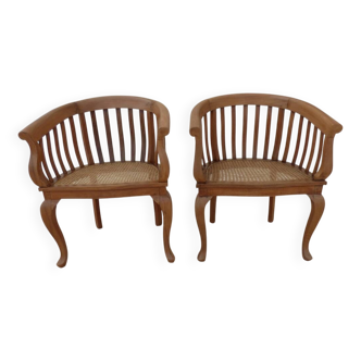 2 Fauteuils coloniales en bois massif naturel avec assises en cannage