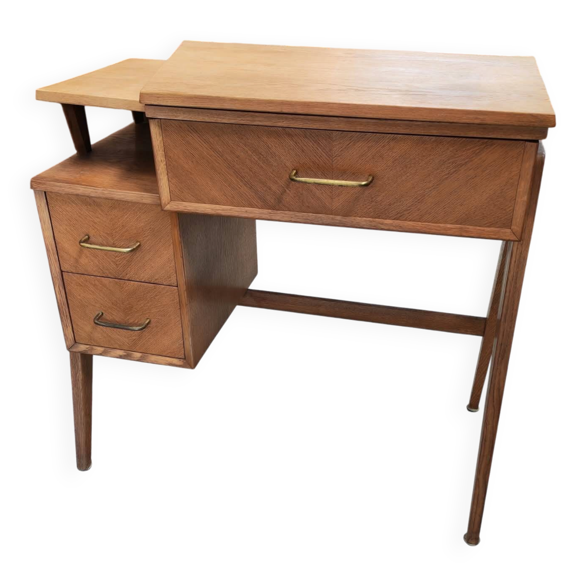 Vintage 1950s side desk with tapered legs.