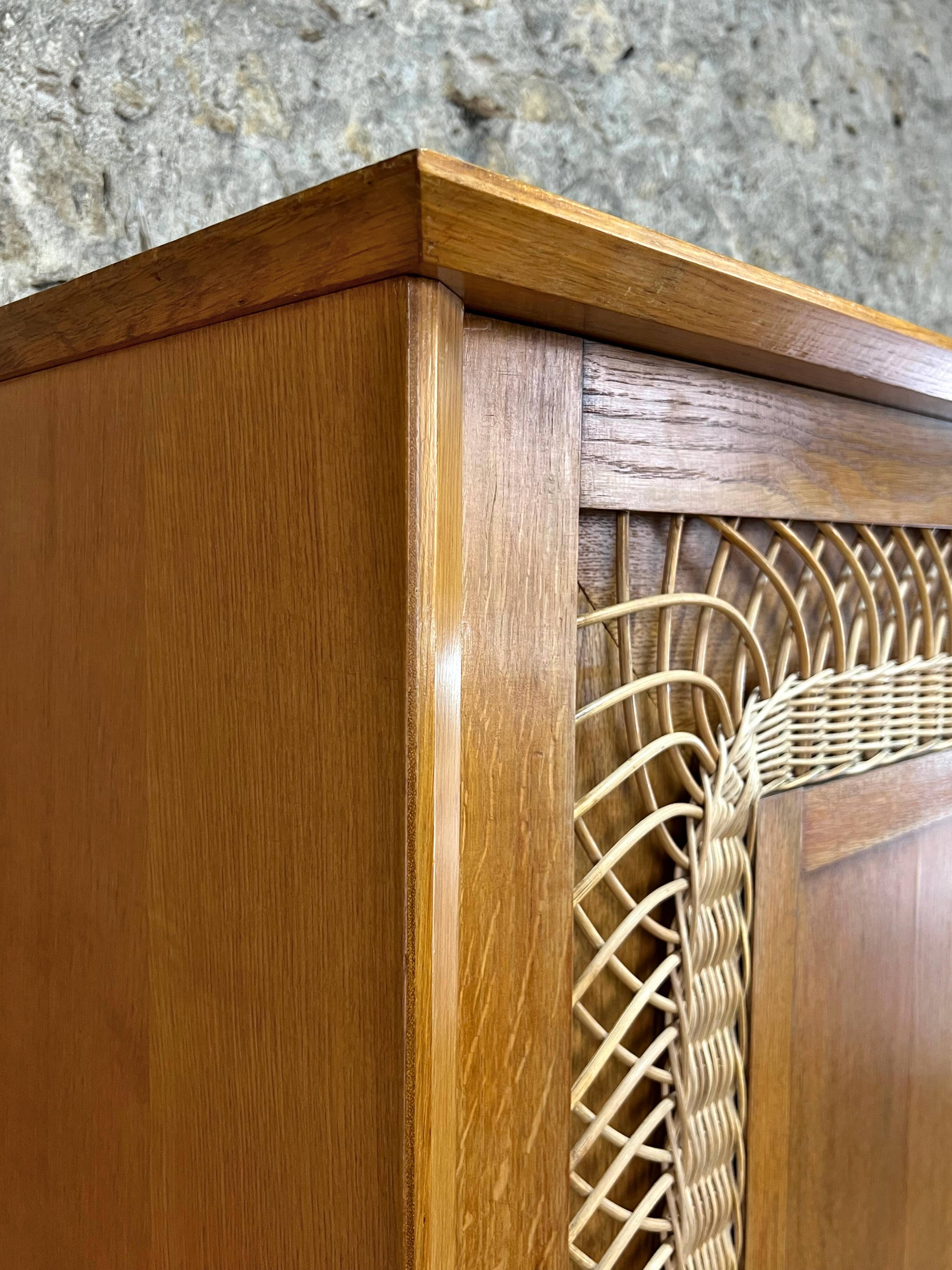 2 Door Wardrobe - Oak and Rattan - Compass Feet - Vintage 50/60's