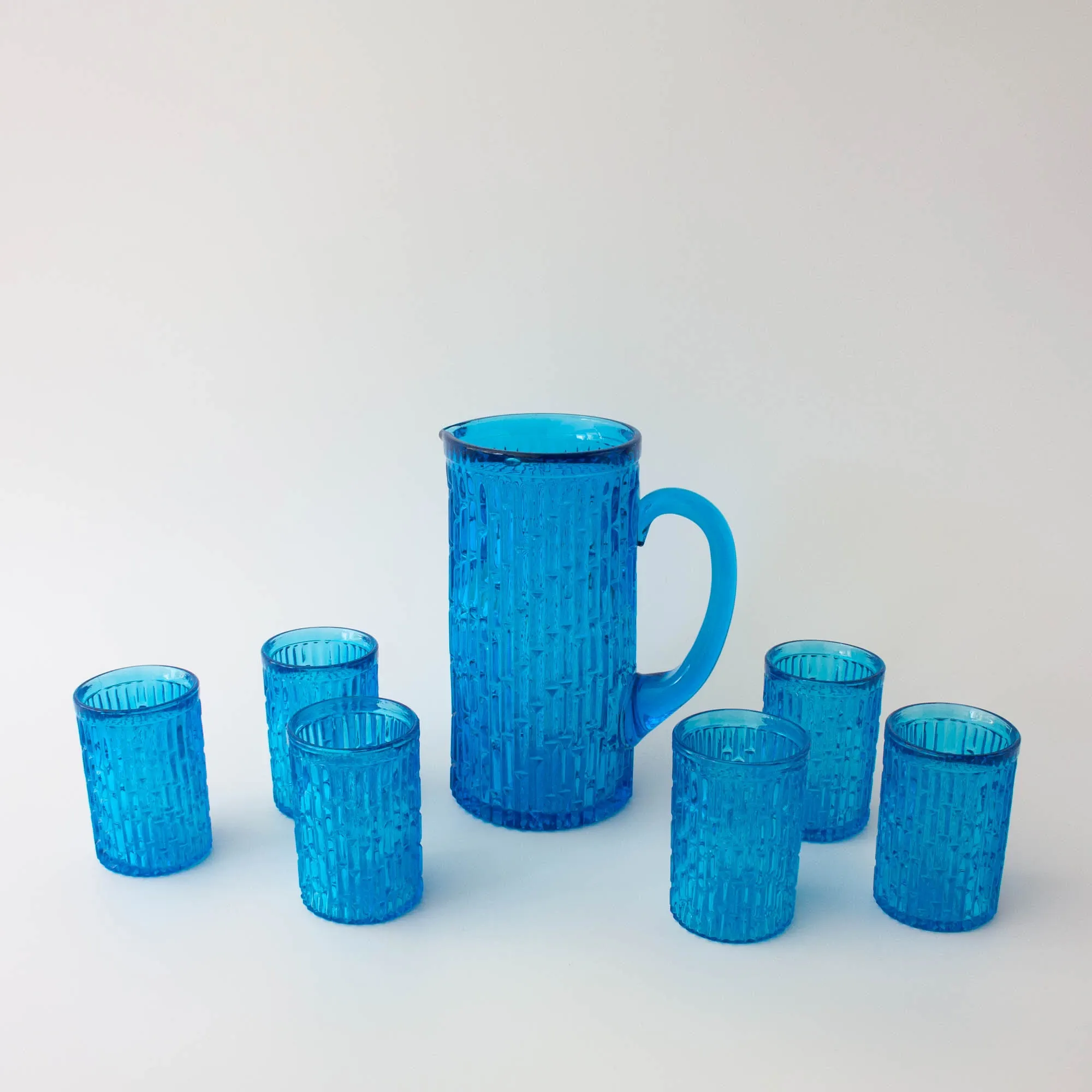 Vintage 1970s IVIMA Blue Glass Jug and Six-Glass Set