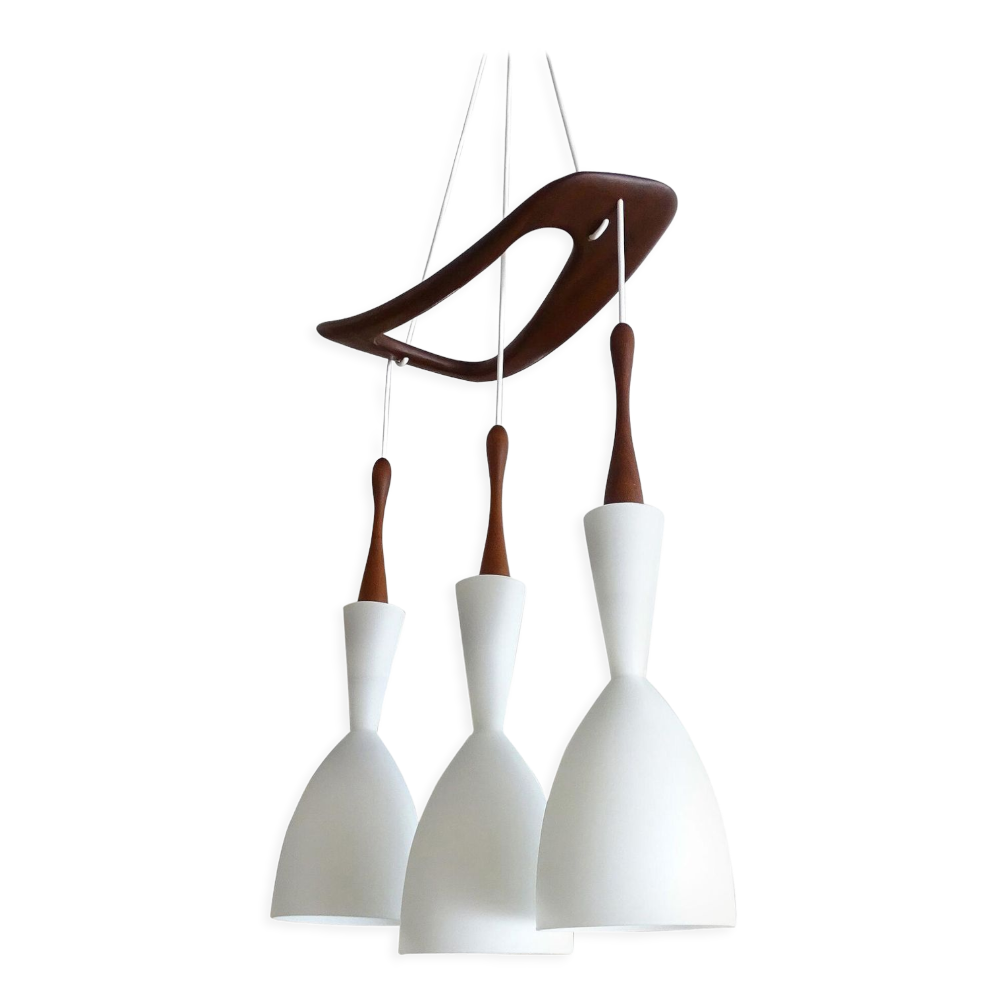 Scandinavian pendant lamp vintage, teak and opaline glasses, 50s