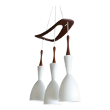 Scandinavian pendant lamp vintage, teak and opaline glasses, 50s