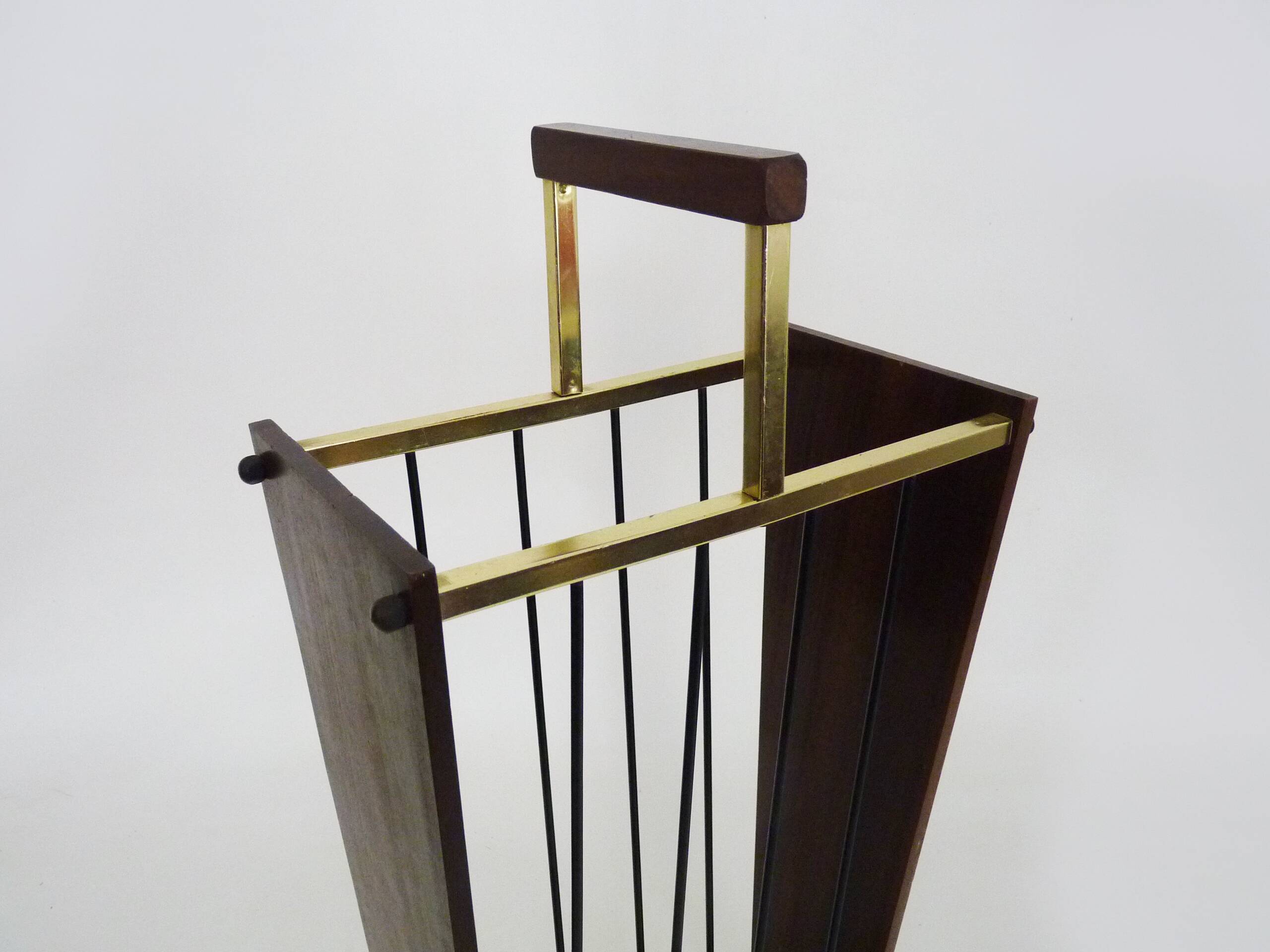 Umbrella stand, walking stick holder in brass, teak and metal, Germany, 1960s