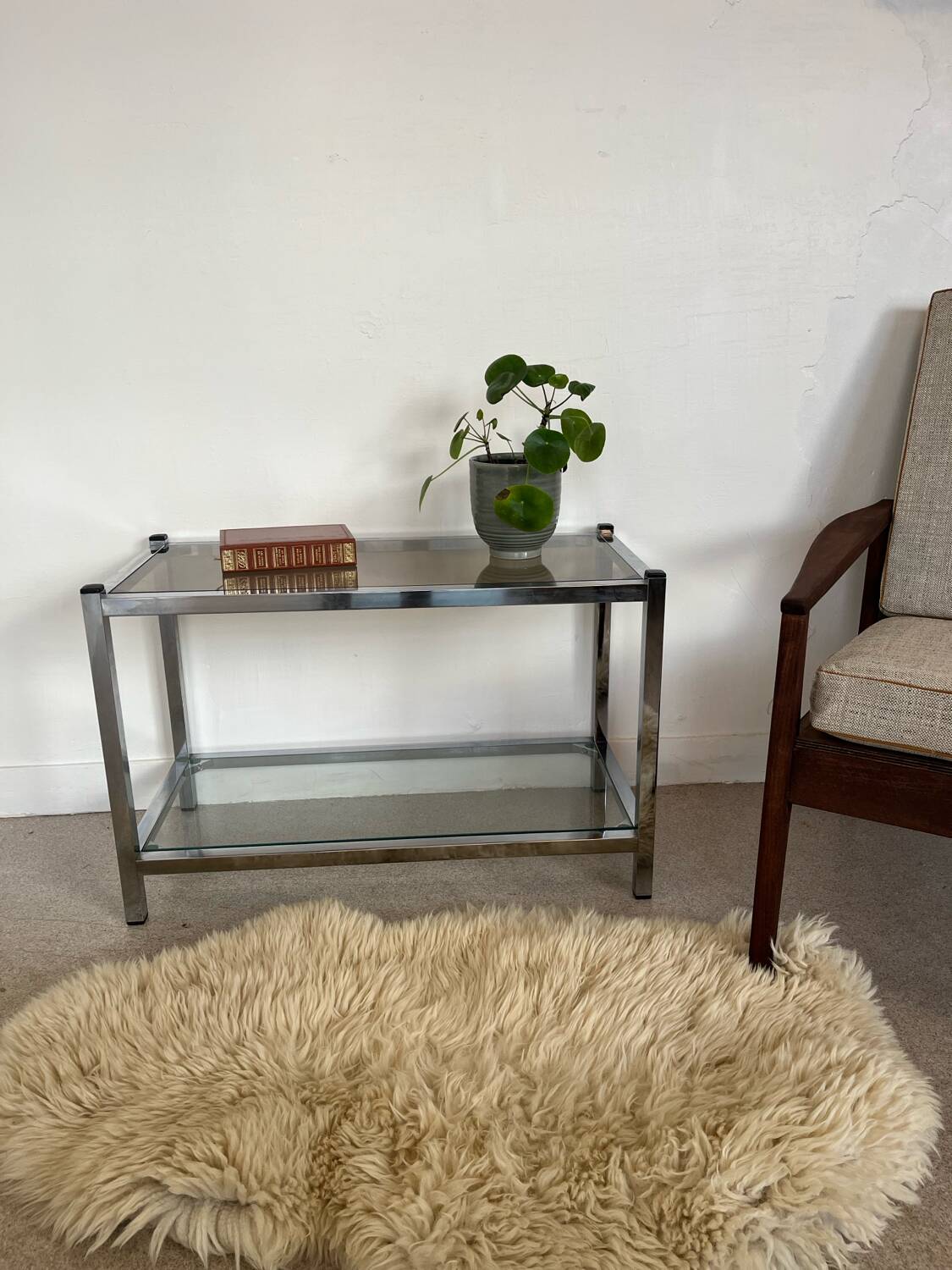 Table basse console verre et chrome vintage
