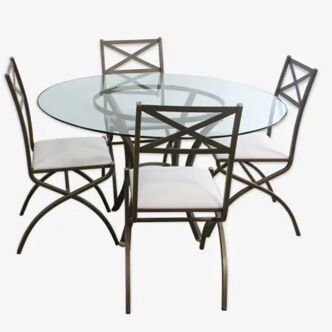 Round table set glass "villa d'este" 1 4 chairs by Pierre Vandel
