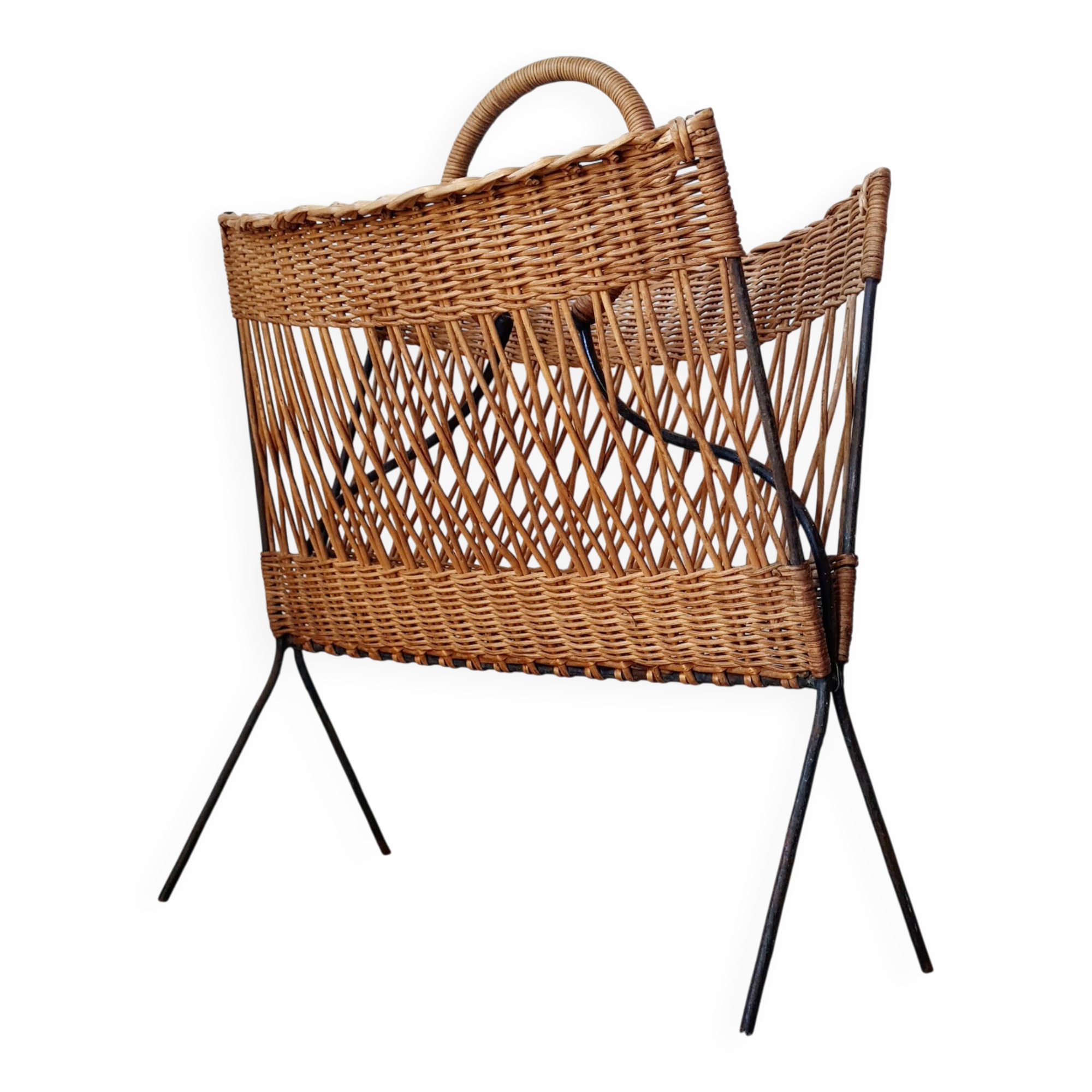 Vintage wicker and metal magazine rack
