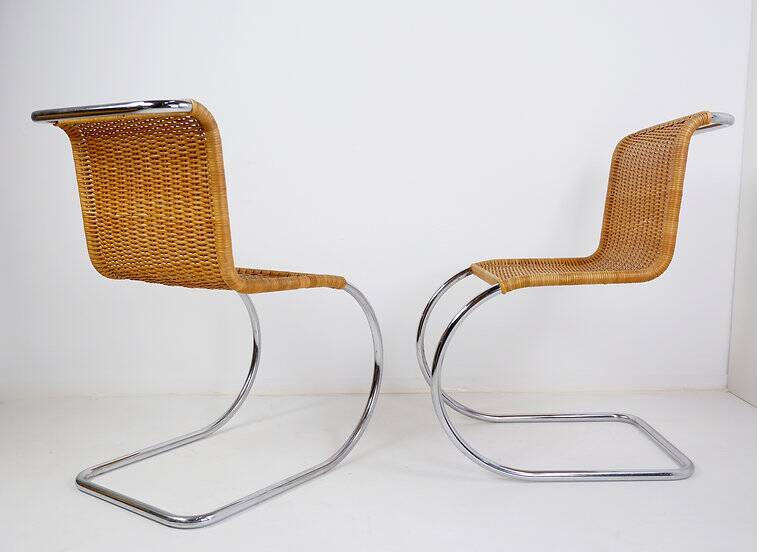 Pair of Cantilever chrome and Wicker Chairs Mies Van der Roye Style