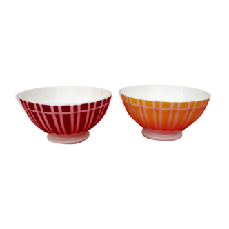 2 old ribbed bowls on peedouche n+ 9611 earthenware Digoin decoration striped red and striped yellow