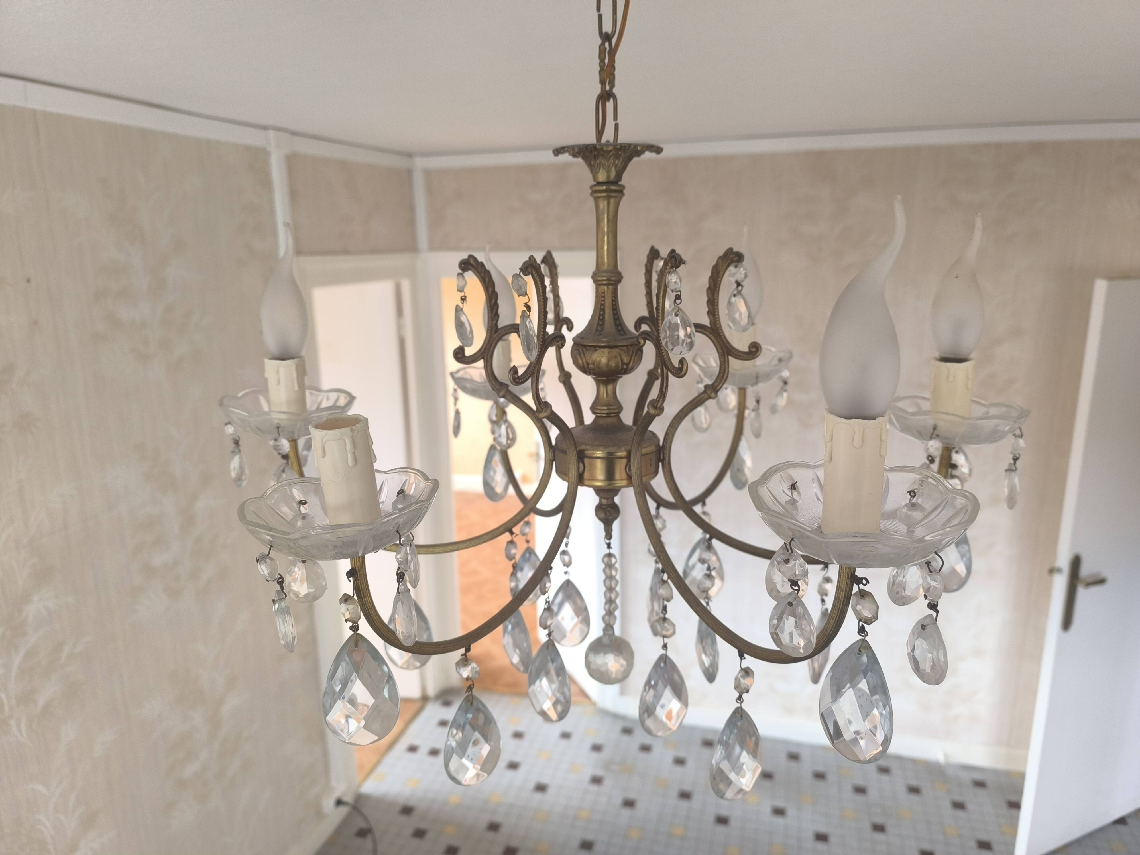 Vintage brass and crystal pendant chandelier with 6 lights