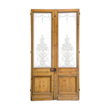 Paire de portes en verre gravé début XX ème