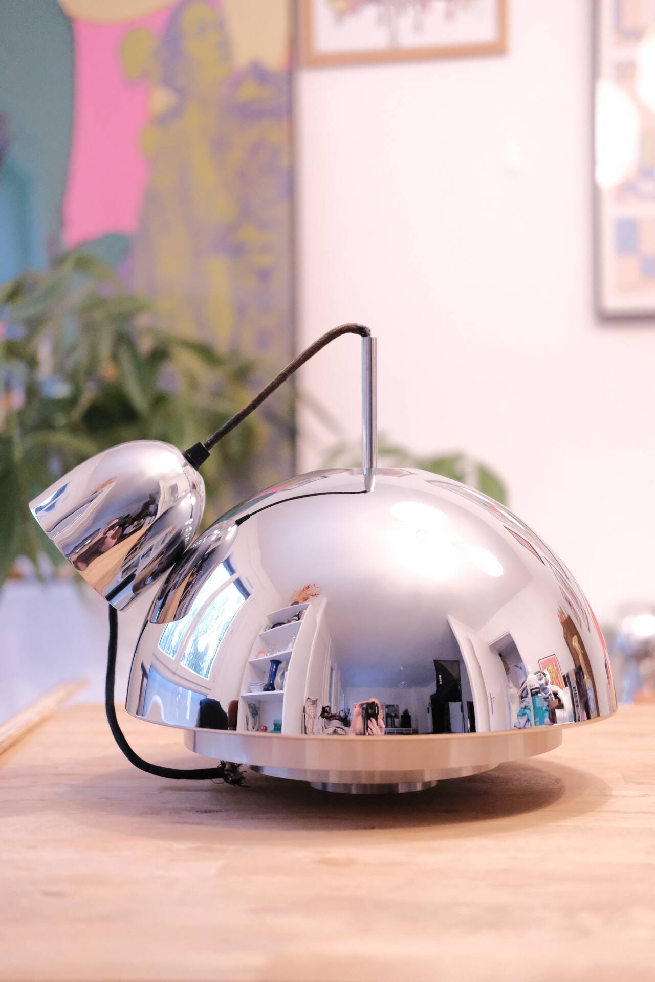 Vintage chrome dome suspension light, space age 70s, concentric rings bla.