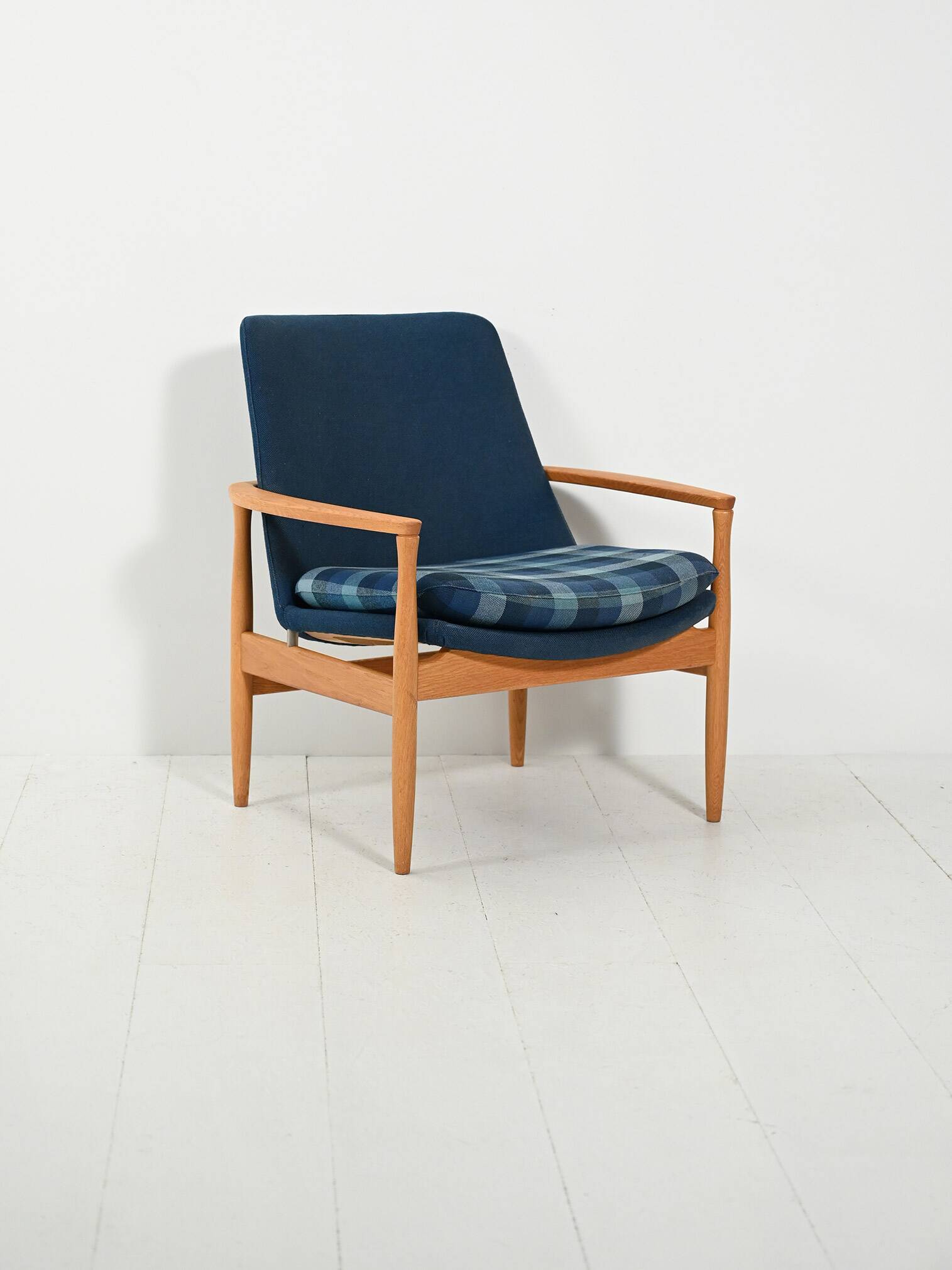 Scandinavian oak and blue wool armchair